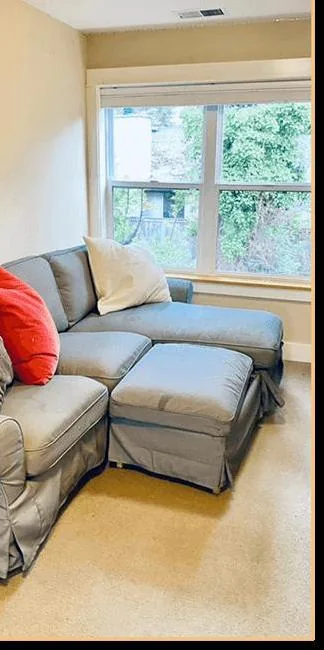 After: the same living room cleaned and organized, with the same gray sectional sofa under the same window and a clear carpet